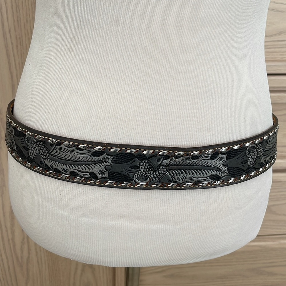 Wright Western Tooled Leather Belt | Engraved Floral Brown Western Belt View 3
